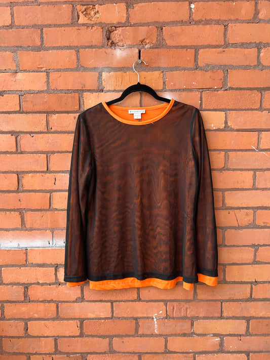 90’s Vintage Orange & Black Mesh Overlay Longsleeve Top / Size L