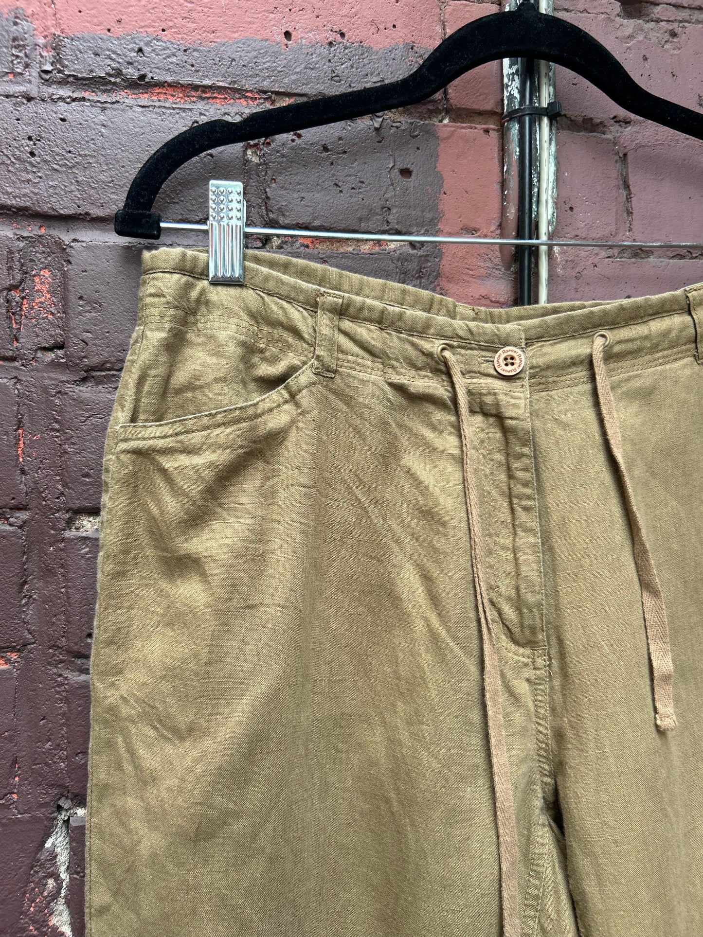 Y2K Vintage Olive Green Linen Embroidered Capris / 30 Waist