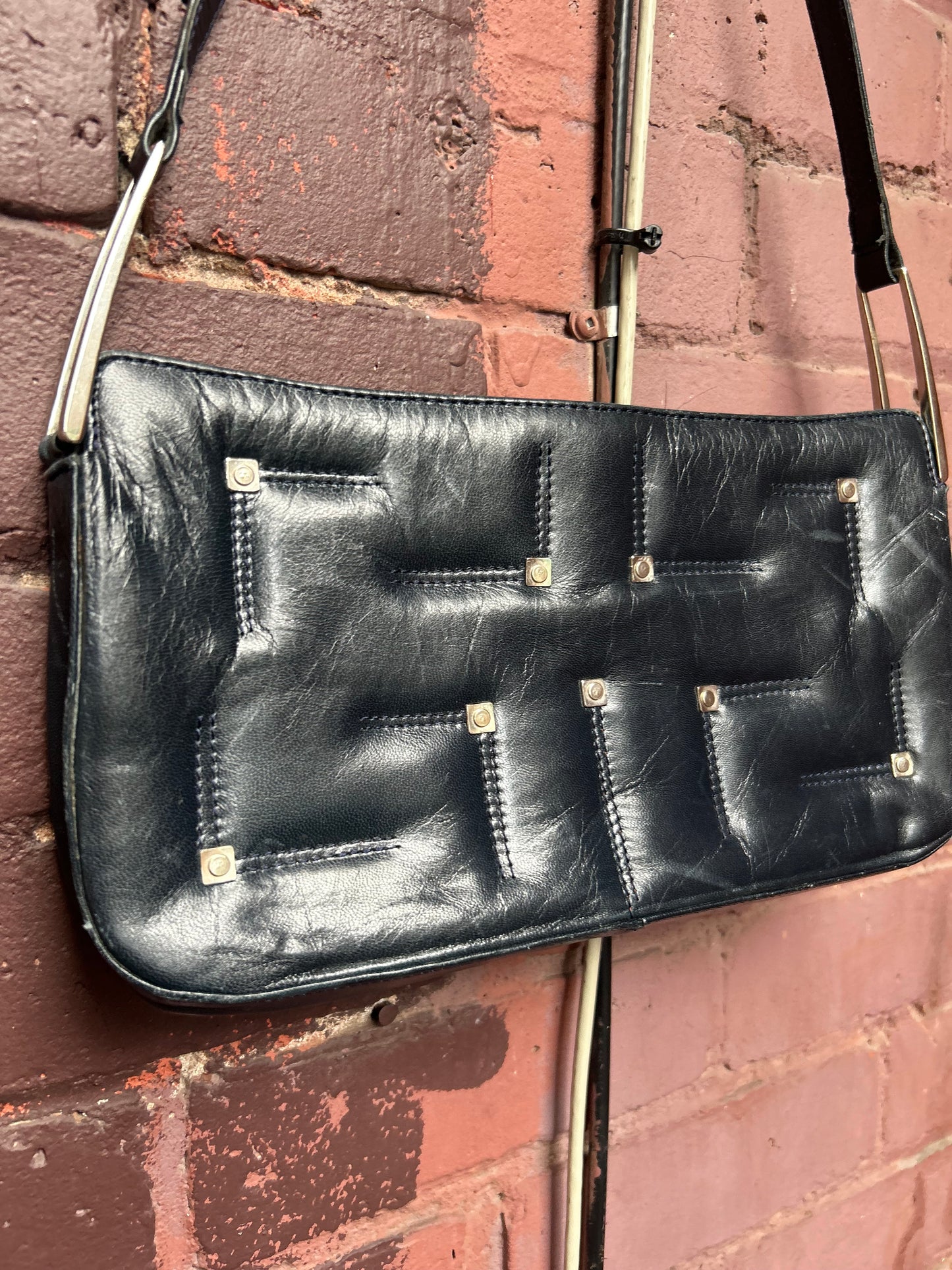 90's Vintage Midnight Navy Leather Studded Shoulder Purse