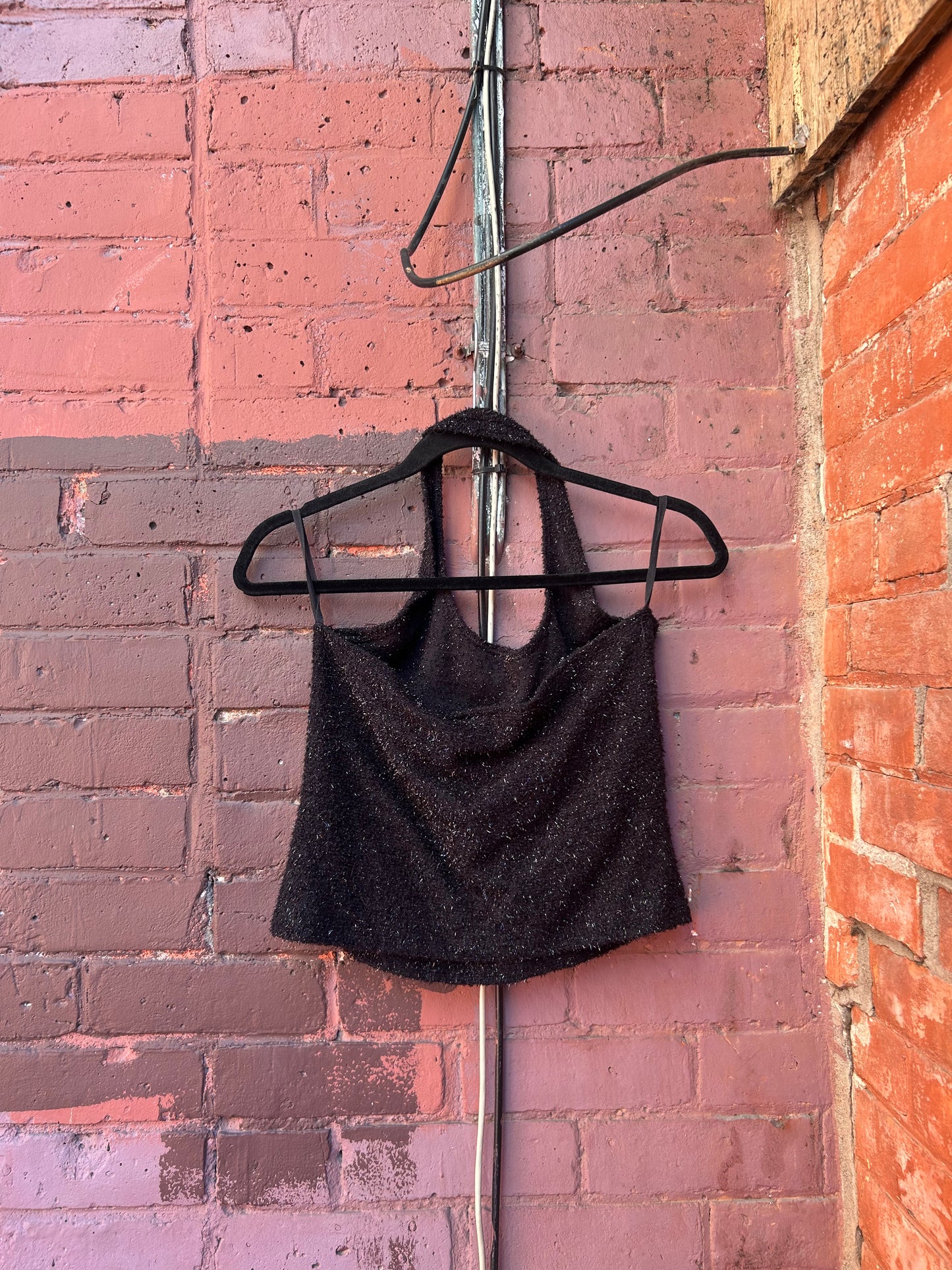 90's Vintage Fuzzy Sparkly Black Halter Top / Size M