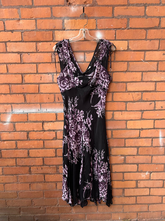 Y2K Vintage Purple & Black Floral Tie Shoulder Fairy Dress / Size 18