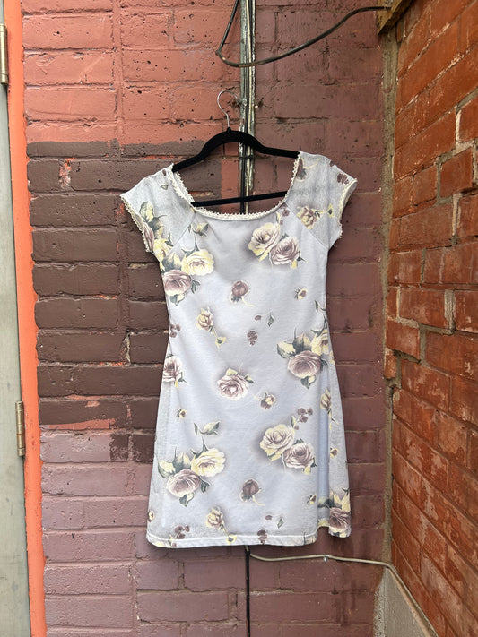90's Vintage Blue & Purple Grunge Floral Mini Dress / Size XS