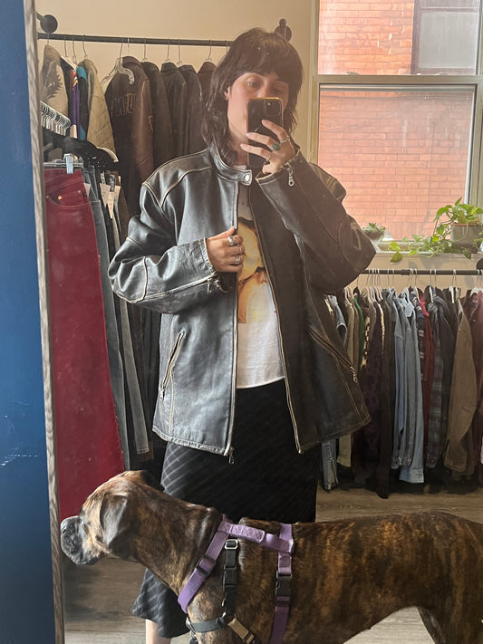 90’s Vintage Black Faded Leather Bomber Jacket / Size XXL