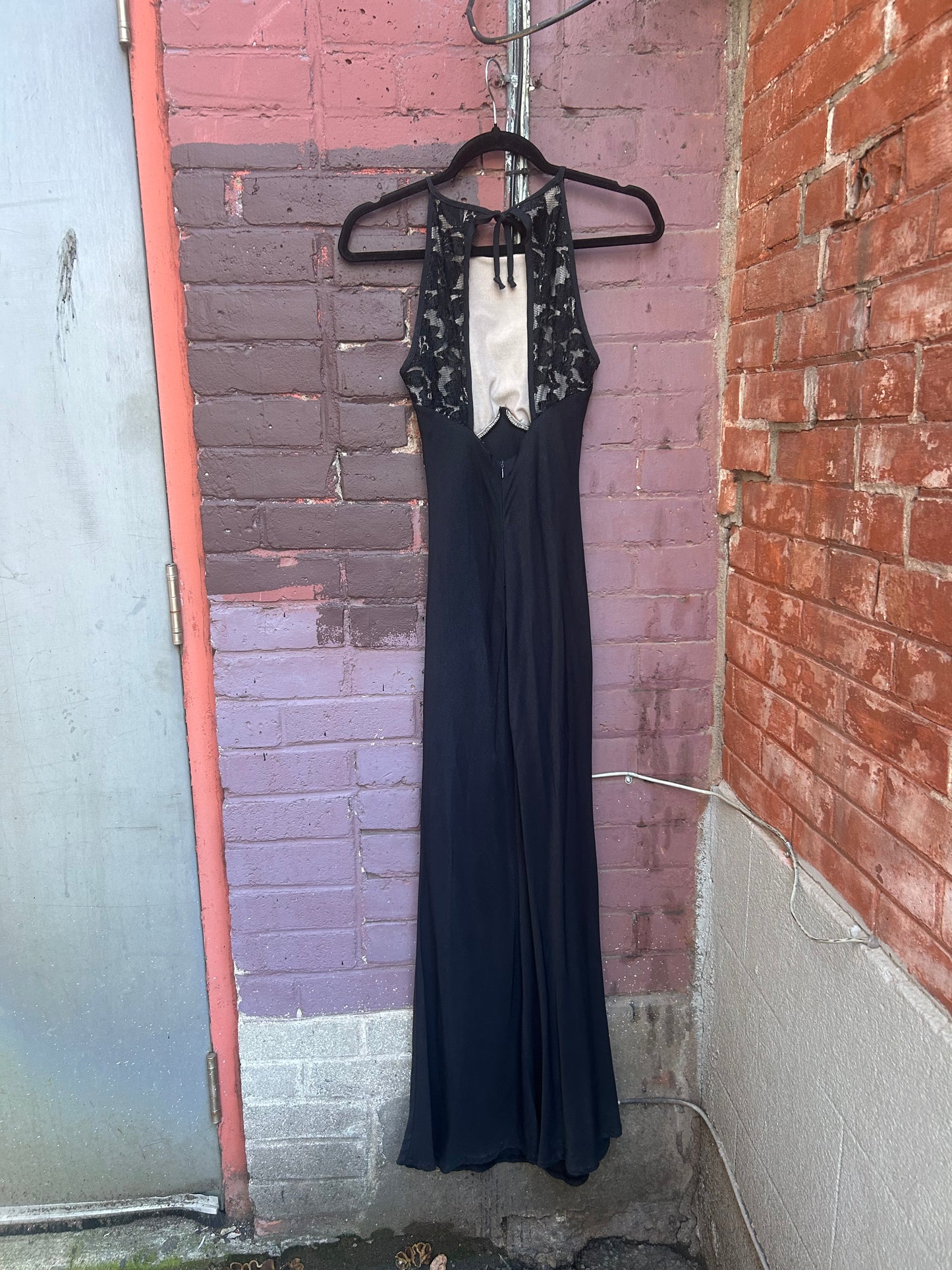 90's Vintage Black Lace High Neck Evening Dress / Size 2