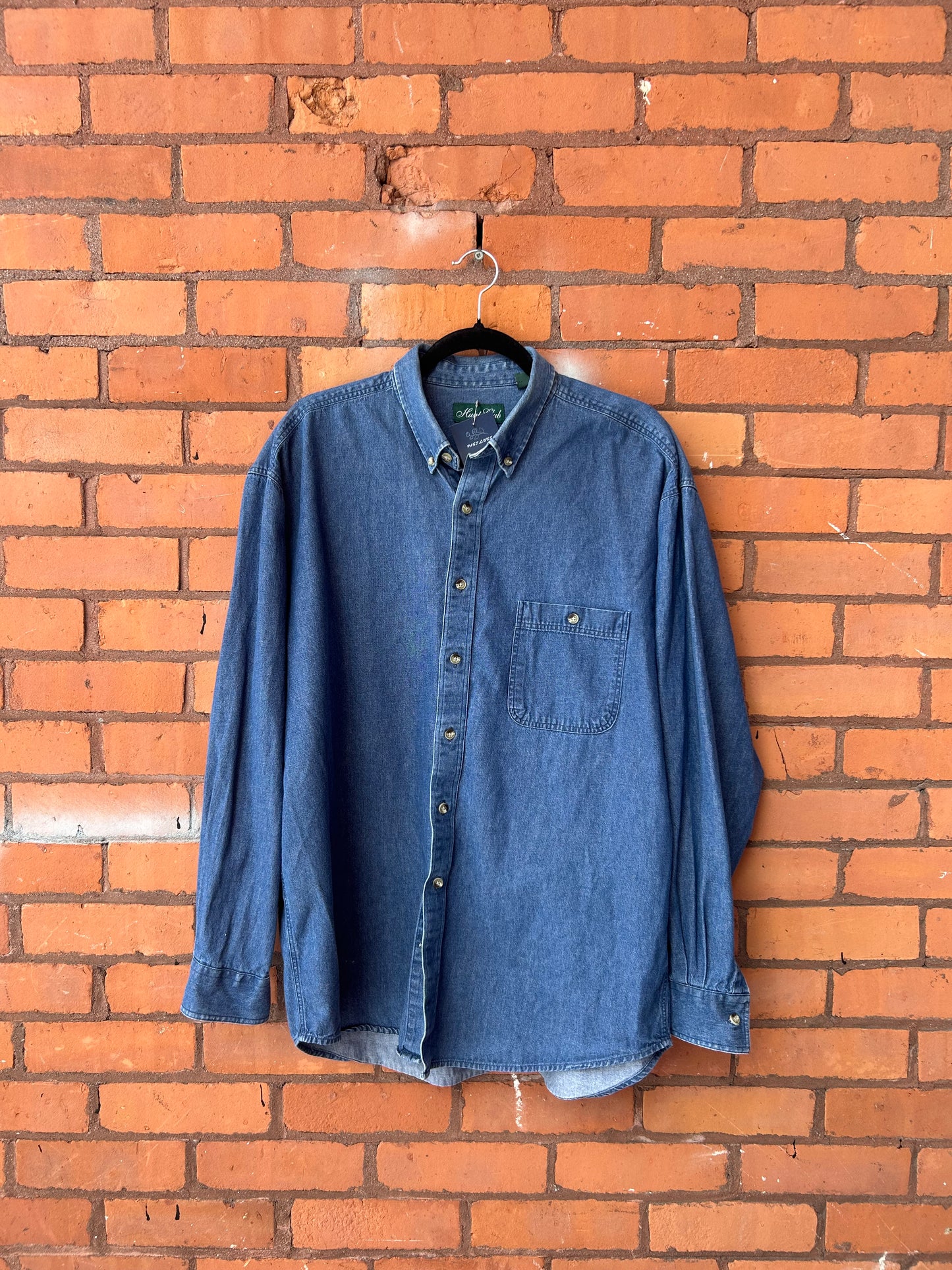 90’s Vintage Blue Denim Cotton Button Down Shirt / Size L