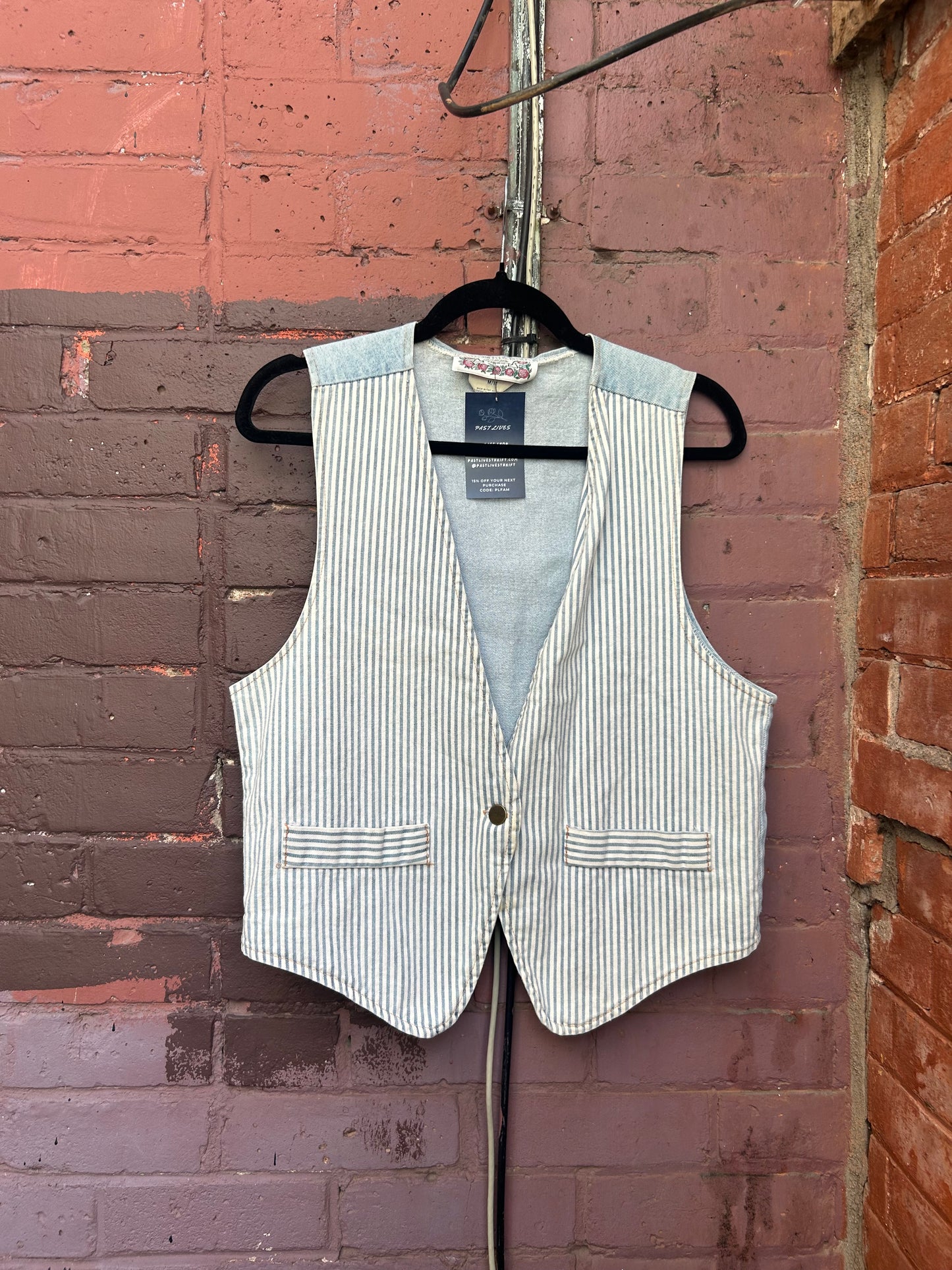 90's Vintage Blue & White Striped Denim Vest / Size M