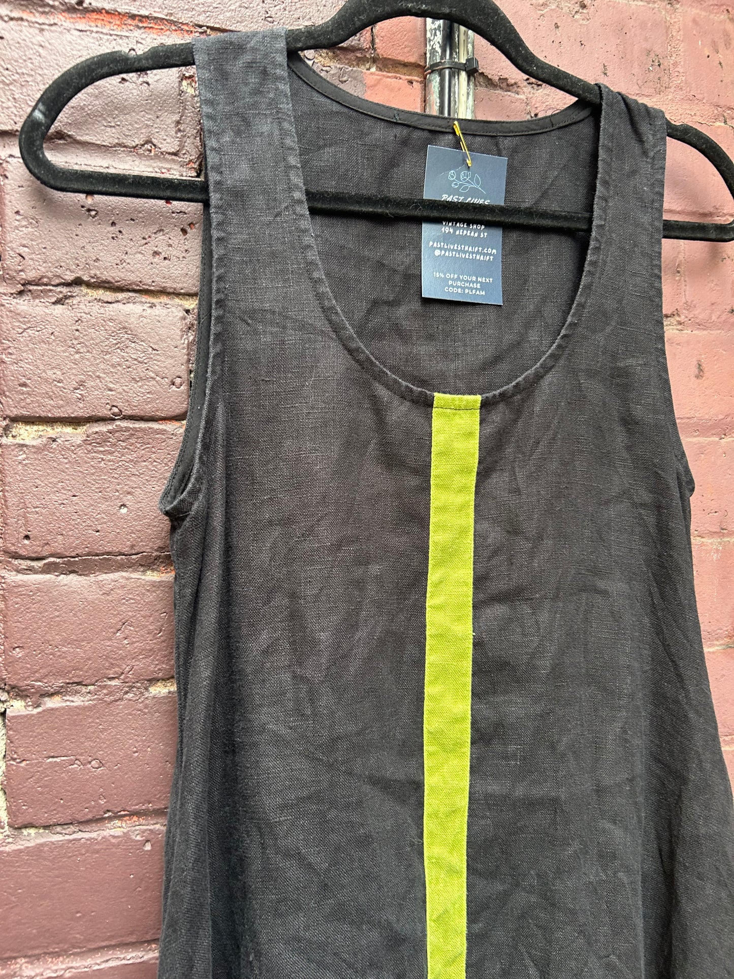 90's Vintage Black & Green Linen Layering Dress / Size M