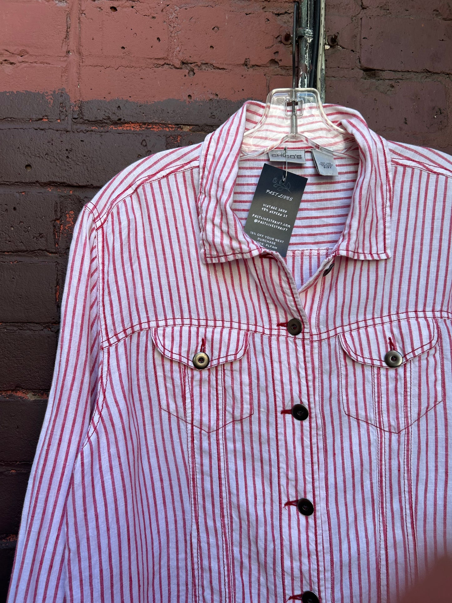 90’s Vintage White & Red Striped Linen Trucker Shirt / Size XL