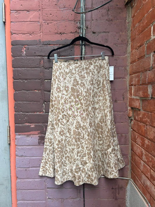 Y2K Vintage Beige & Brown Floral Linen Midi Skirt / 30-34 Waist