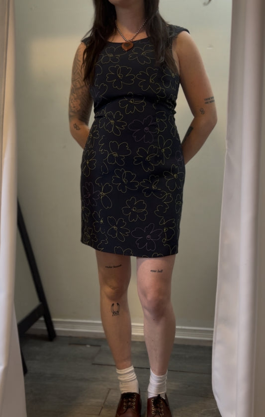 Y2K Vintage Navy Floral Doodle Silk Mini Dress / Size 8-10