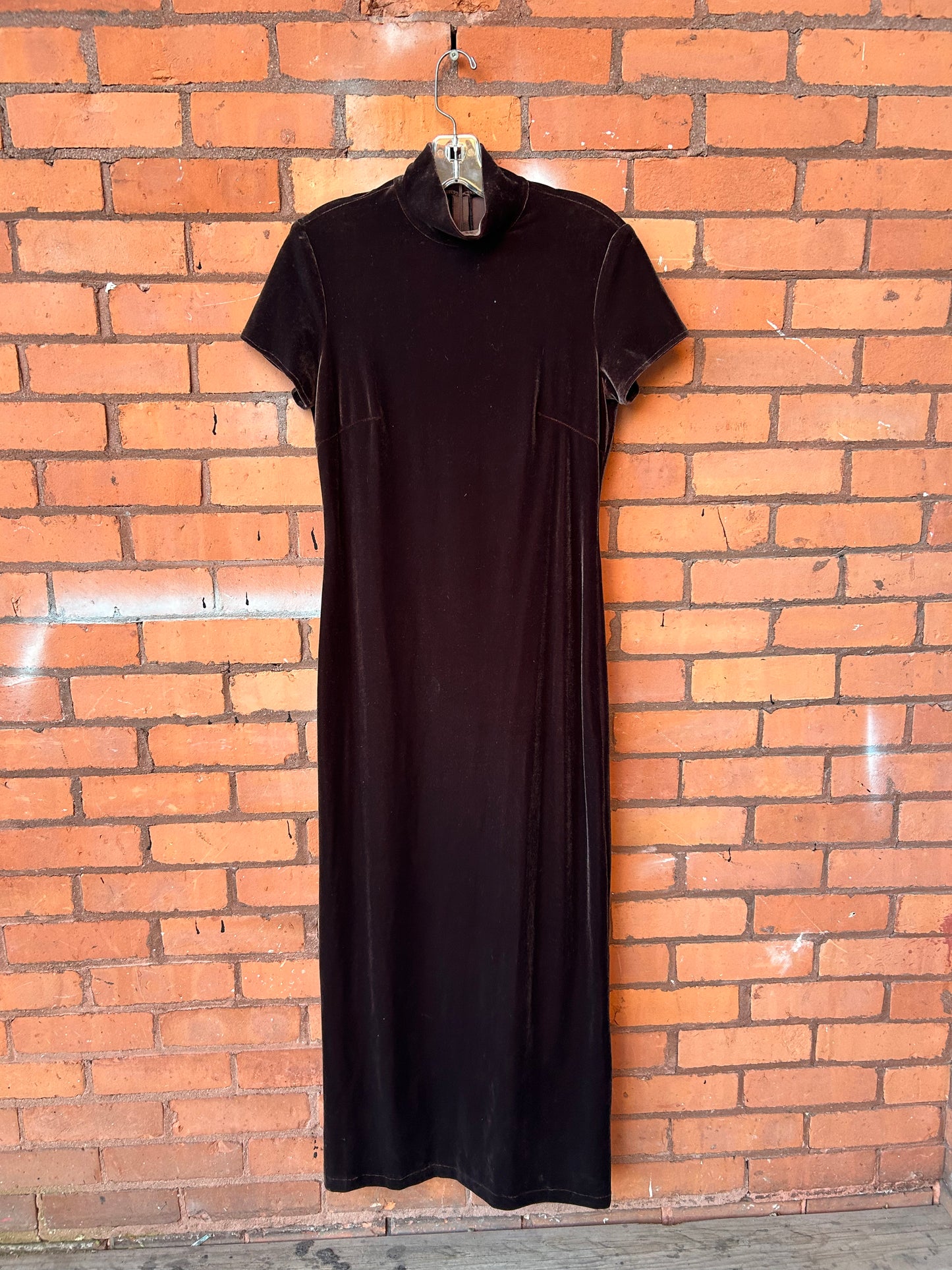 90’s Vintage Brown Velvet Mockneck Maxi Dress / Size M