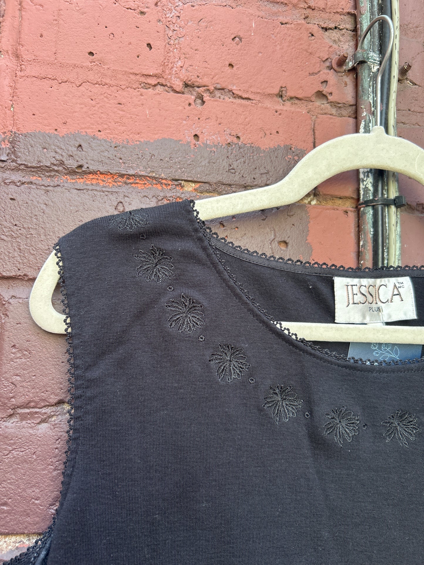 90's Vintage Black Cotton Embroidered High Neck Tank / Size 1X