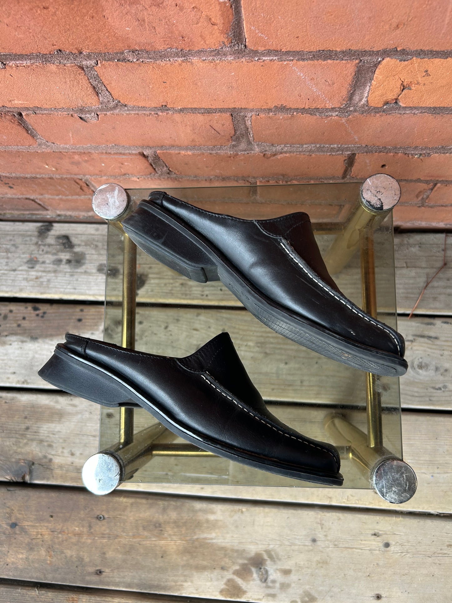 90's Vintage Black Leather Square Toe Mules / Size 6