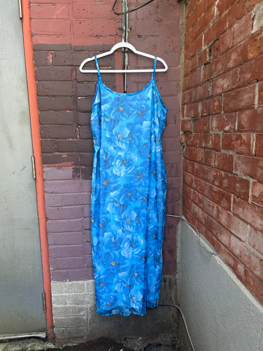 90's Vintage Blue Floral Mesh Overlay Maxi Dress / Size XXL