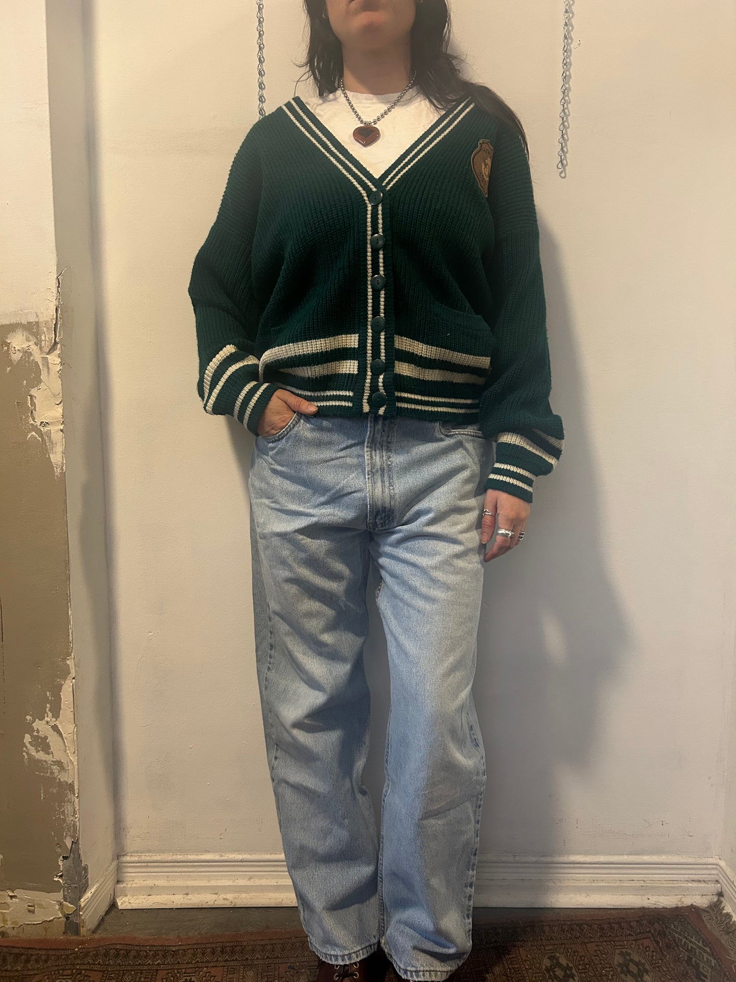 90’s Vintage Teal & White Varsity Cardigan / Size L