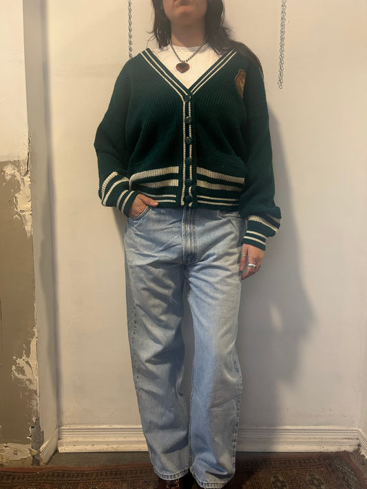 90’s Vintage Teal & White Varsity Cardigan / Size L