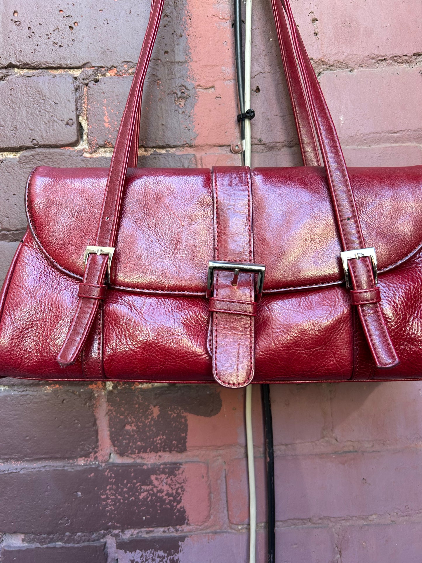 90’s Vintage Faux Red Leather Buckle Shoulder Purse