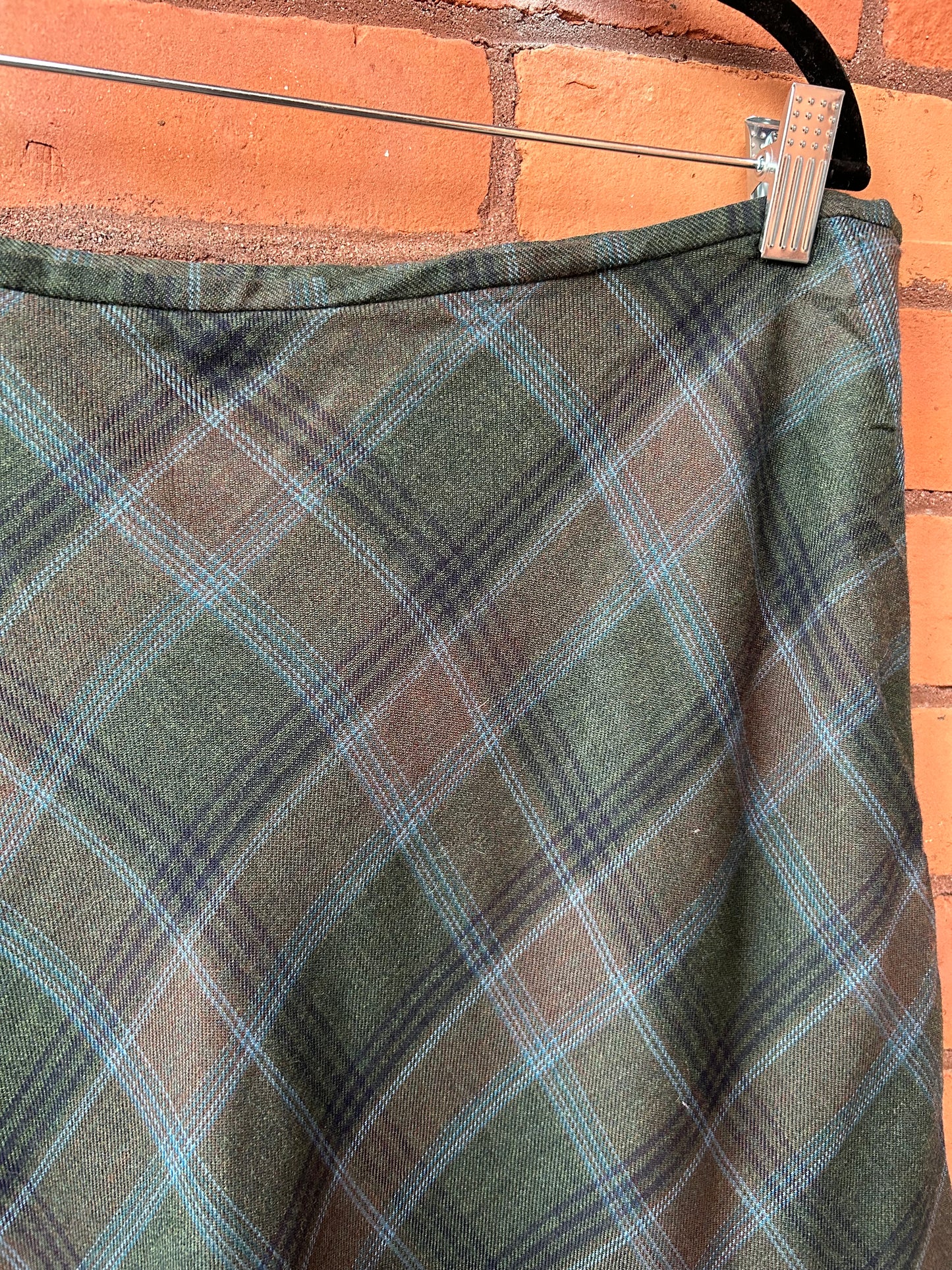 90’s Vintage Blue & Green Plaid Wool Maxi Skirt / 36 Waist