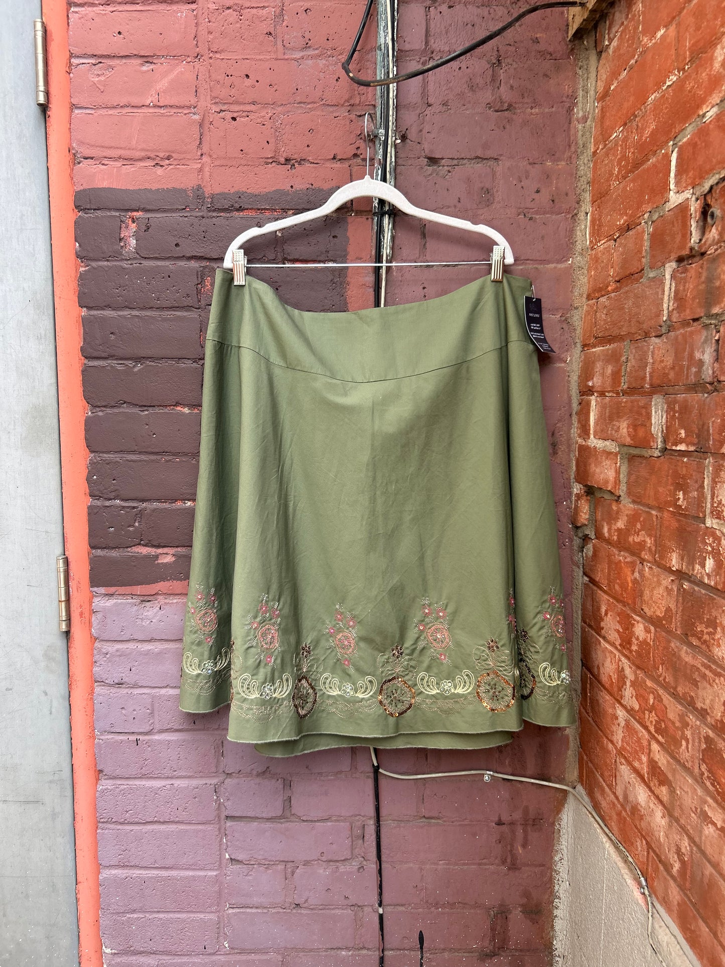 Y2K Vintage Green Cotton Embroidered Midi Skirt / 42 Waist