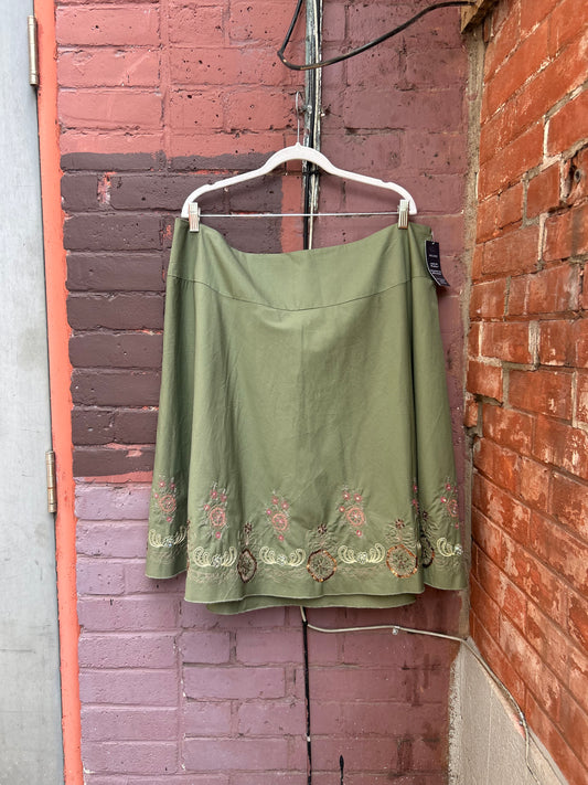 Y2K Vintage Green Cotton Embroidered Midi Skirt / 42 Waist