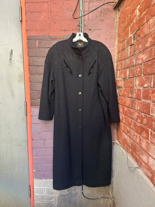 90’s Vintage Embroidered Black Wool Over Coat / Size L