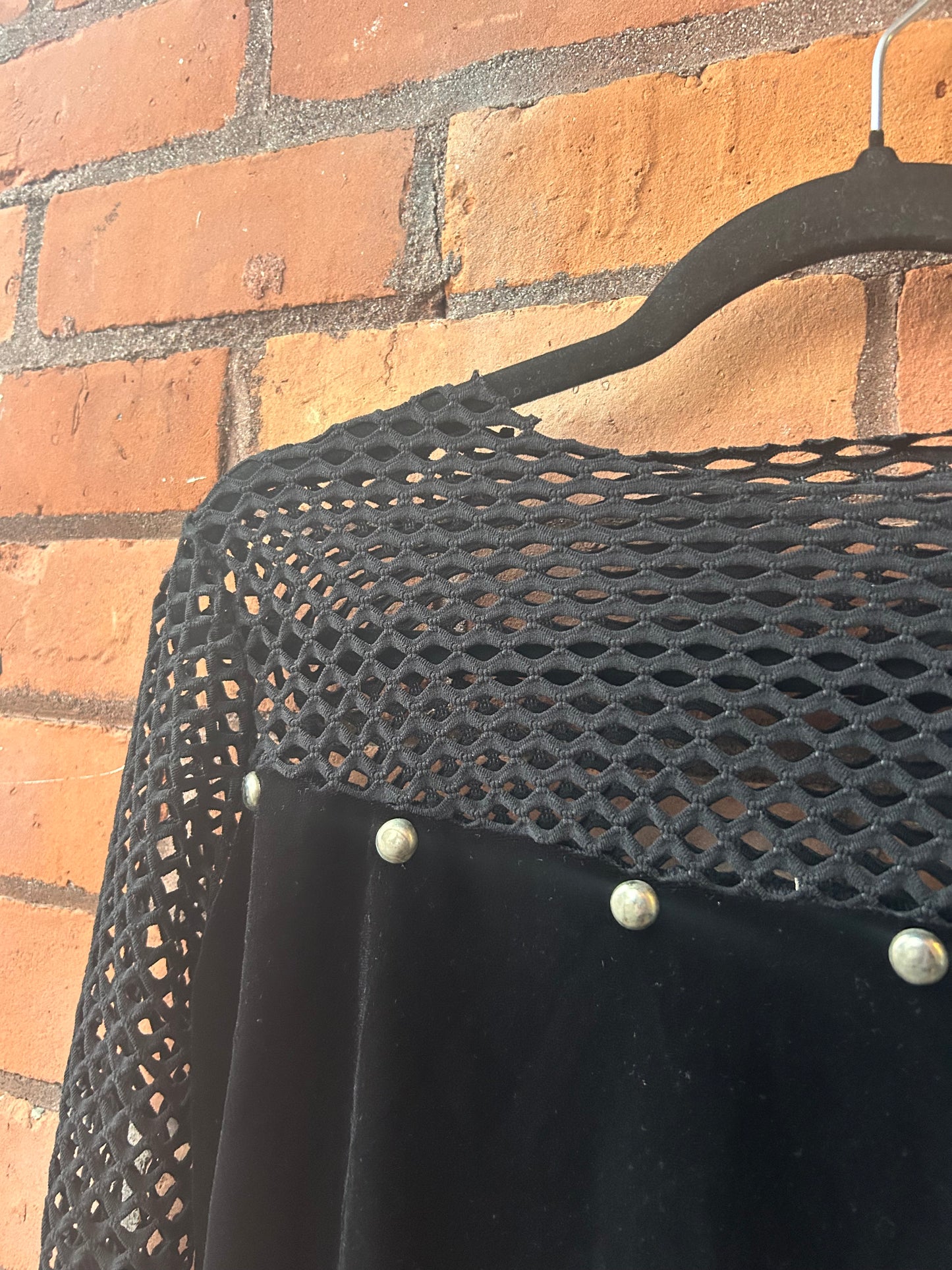 90’s Vintage Black Velvet Fishnet Long Sleeve Top / Size S