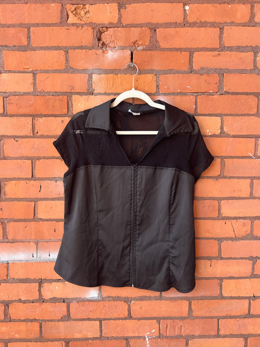 Y2K Vintage Black Satin & Lace Zip Up Top / Size 1X