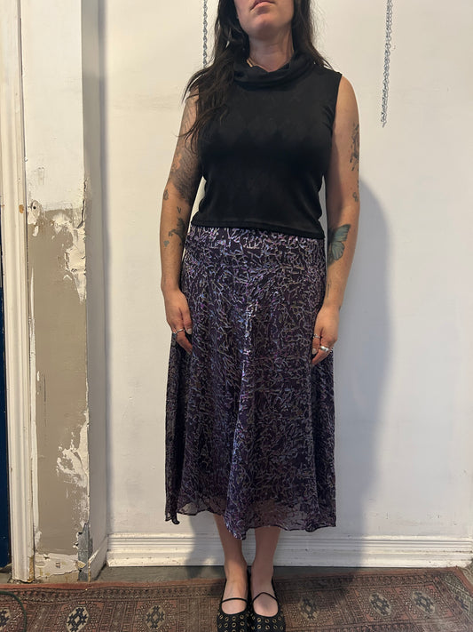 90’s Vintage Purple Velvet Burnout Silk Midi Skirt / 32 Waist