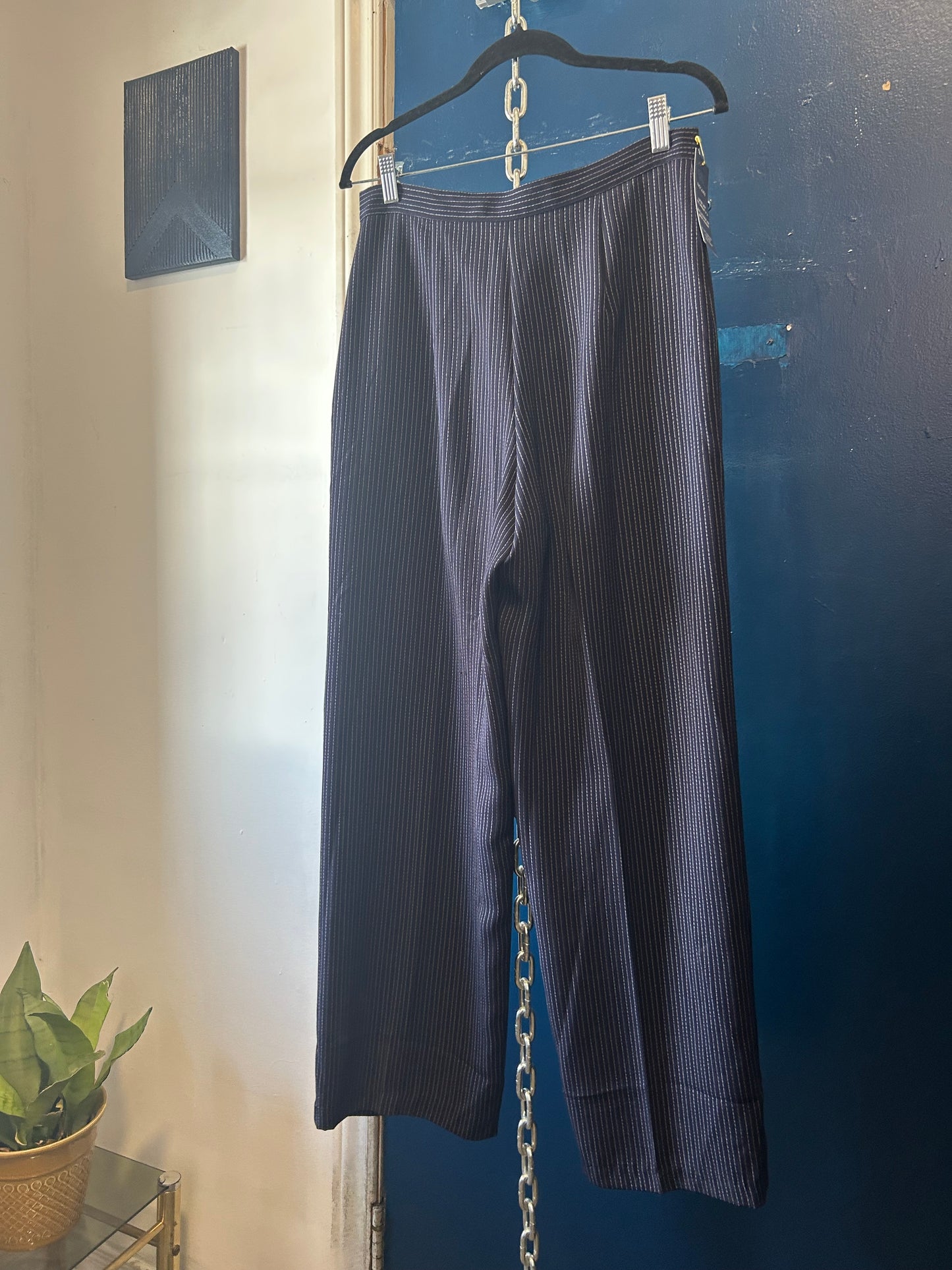 90’s Vintage Navy Pinstripe Straight Leg Trousers / 30 Waist