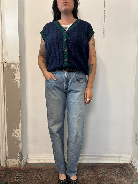 90’s Vintage Navy & Green Cotton Cable Knit Sweater Vest / Size XL