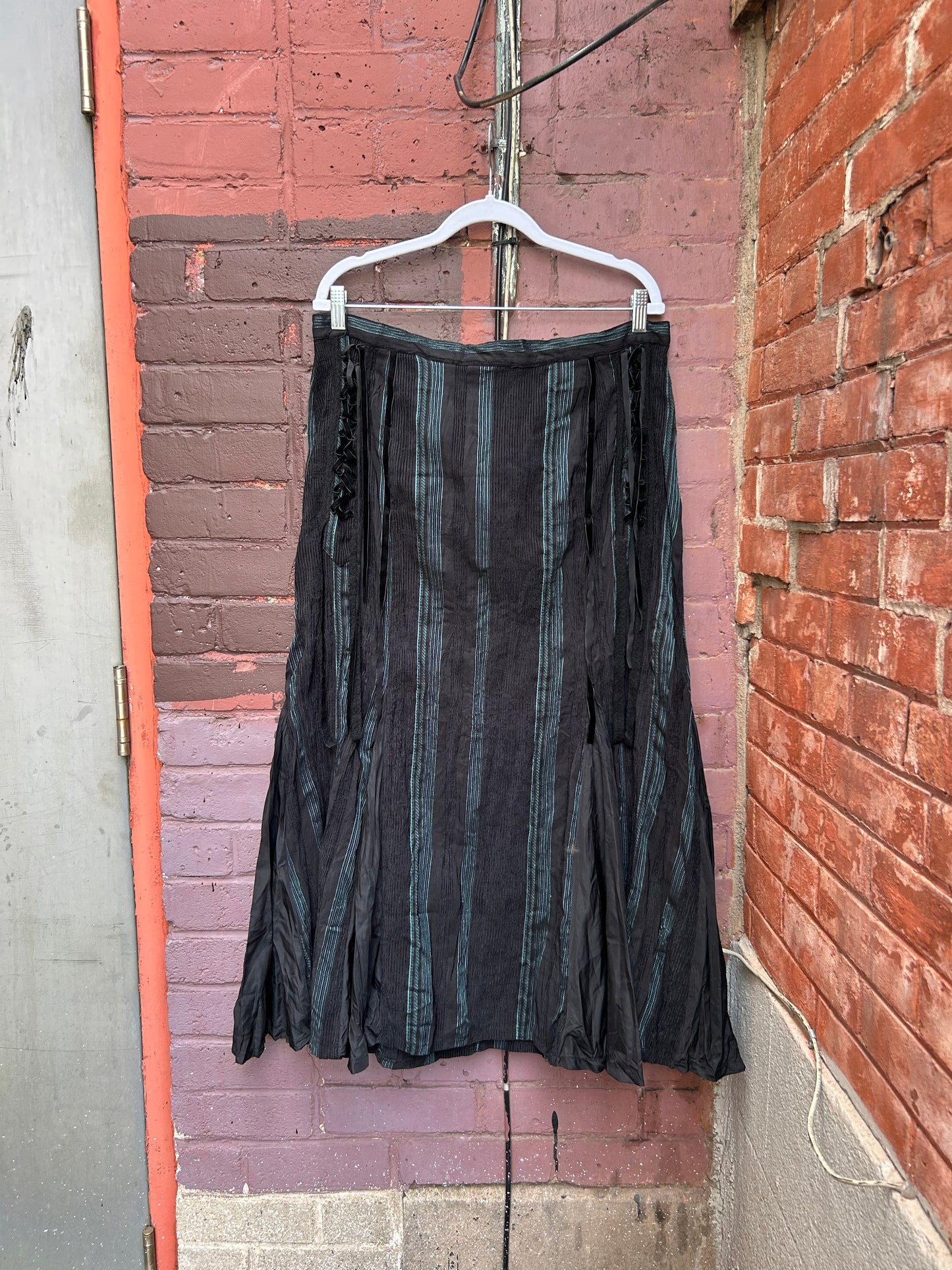 Y2K Vintage Black & Teal Striped Lace Up Maxi Skirt / 36 Waist