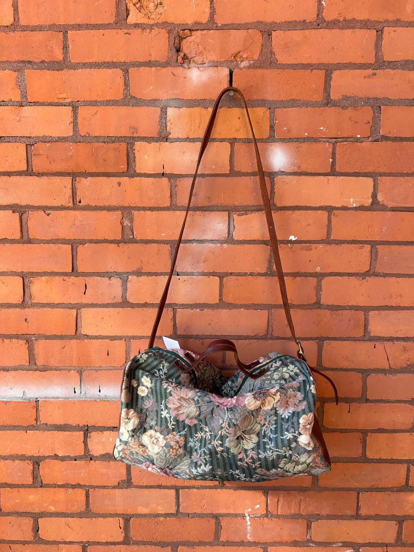 90’s Vintage Floral Tapestry & Brown Leather Duffle Bag