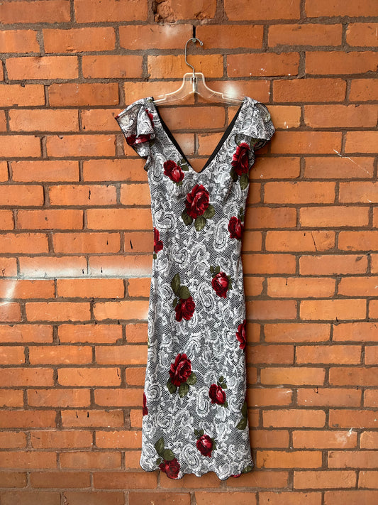 90’s Vintage Lace & Rose Print Midi Dress / Size 4