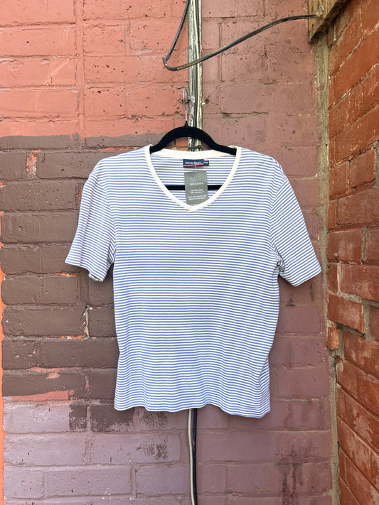 90's Vintage Baby Blue & White Striped Cotton Tee / Size M