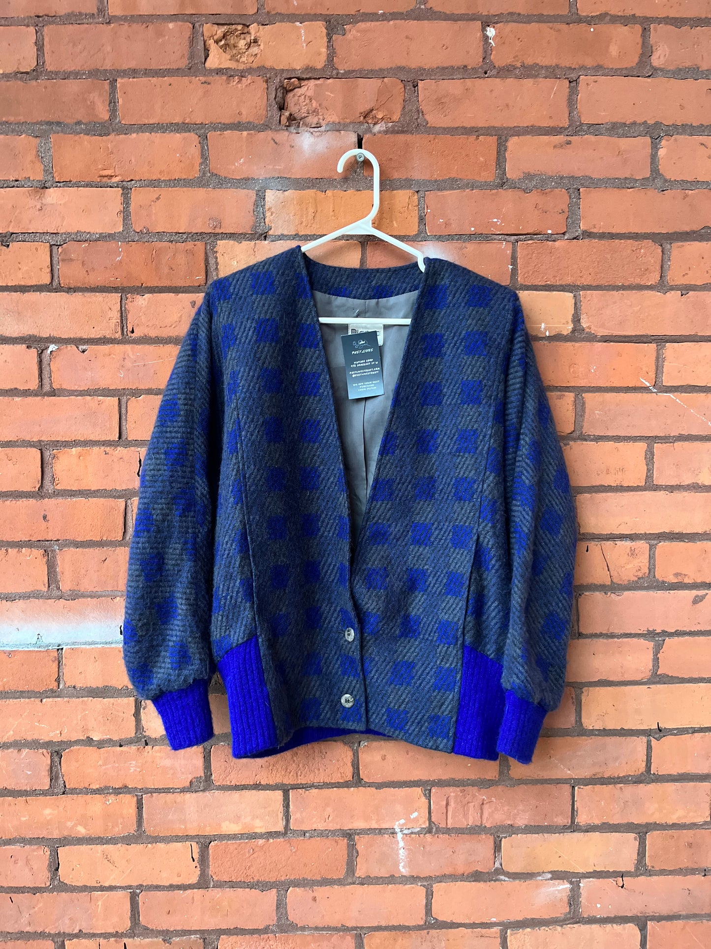80’s Vintage Blue & Grey Mohair Wool Plaid Structured Cardigan / Size L