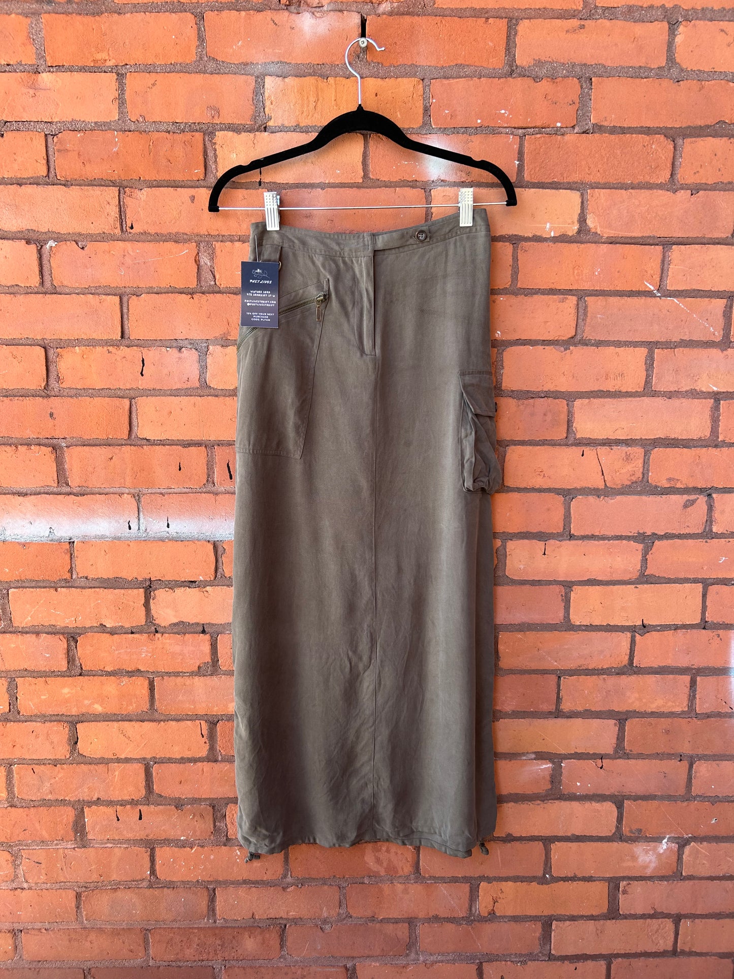 Y2K Vintage Army Green Silk Cargo Maxi Skirt / 26 Waist