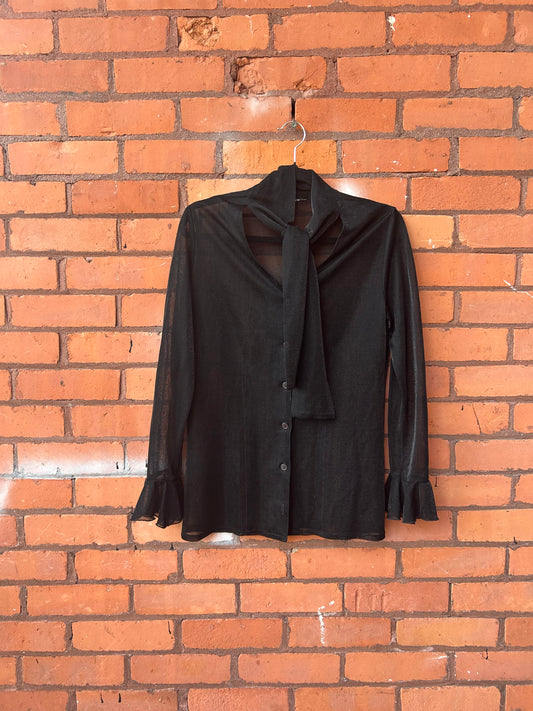 90’s Vintage Sheer Sparkly Black Tie Blouse / Size M