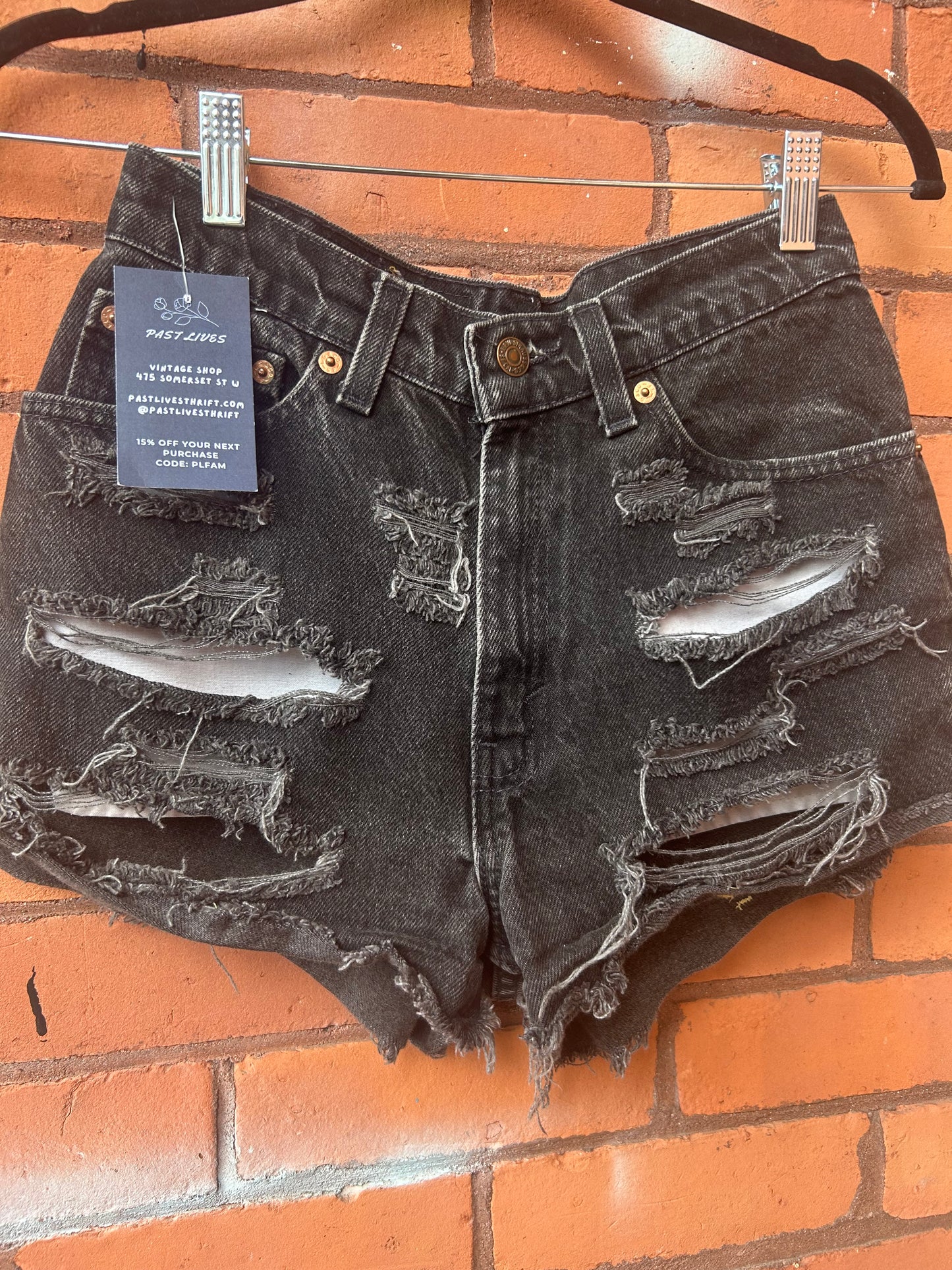 90’s Vintage Levi’s Black Thrashed Cheeky Micro Denim Shorts / 27 Waist
