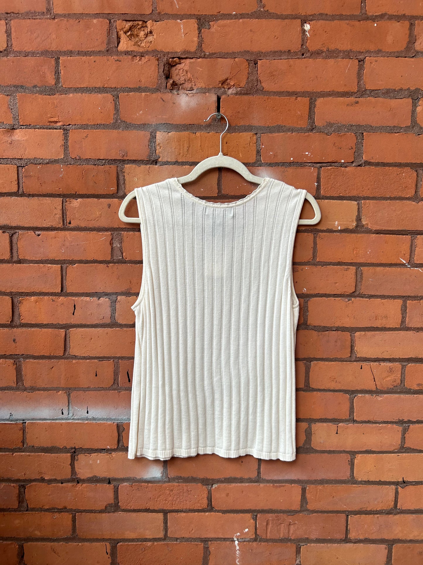 90’s Vintage White Pointelle V-neck Tank Top / Size XL