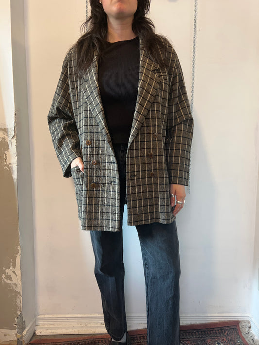 80’s Vintage Neutral Plaid Wool Double Breasted Blazer / Size XL