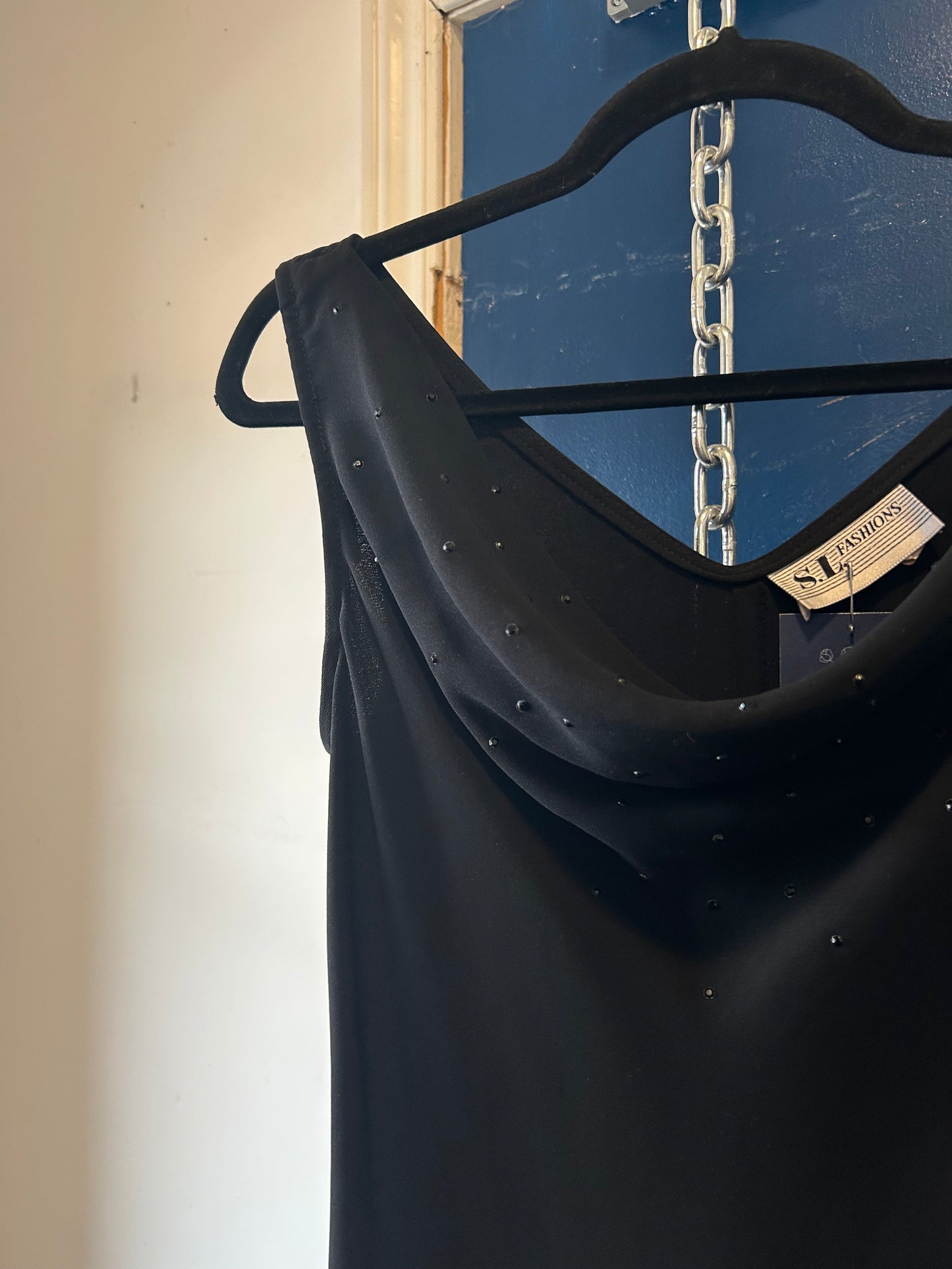 90’s Vintage Black Cowl Neck Midi Dress / Size 8