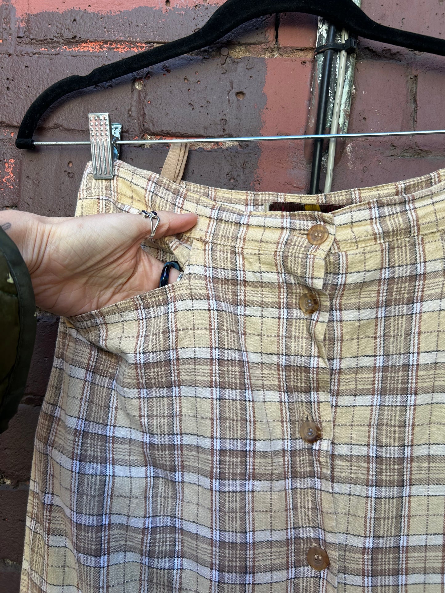 80’s Vintage Plaid Linen Button Down Skirt / 28 Waist