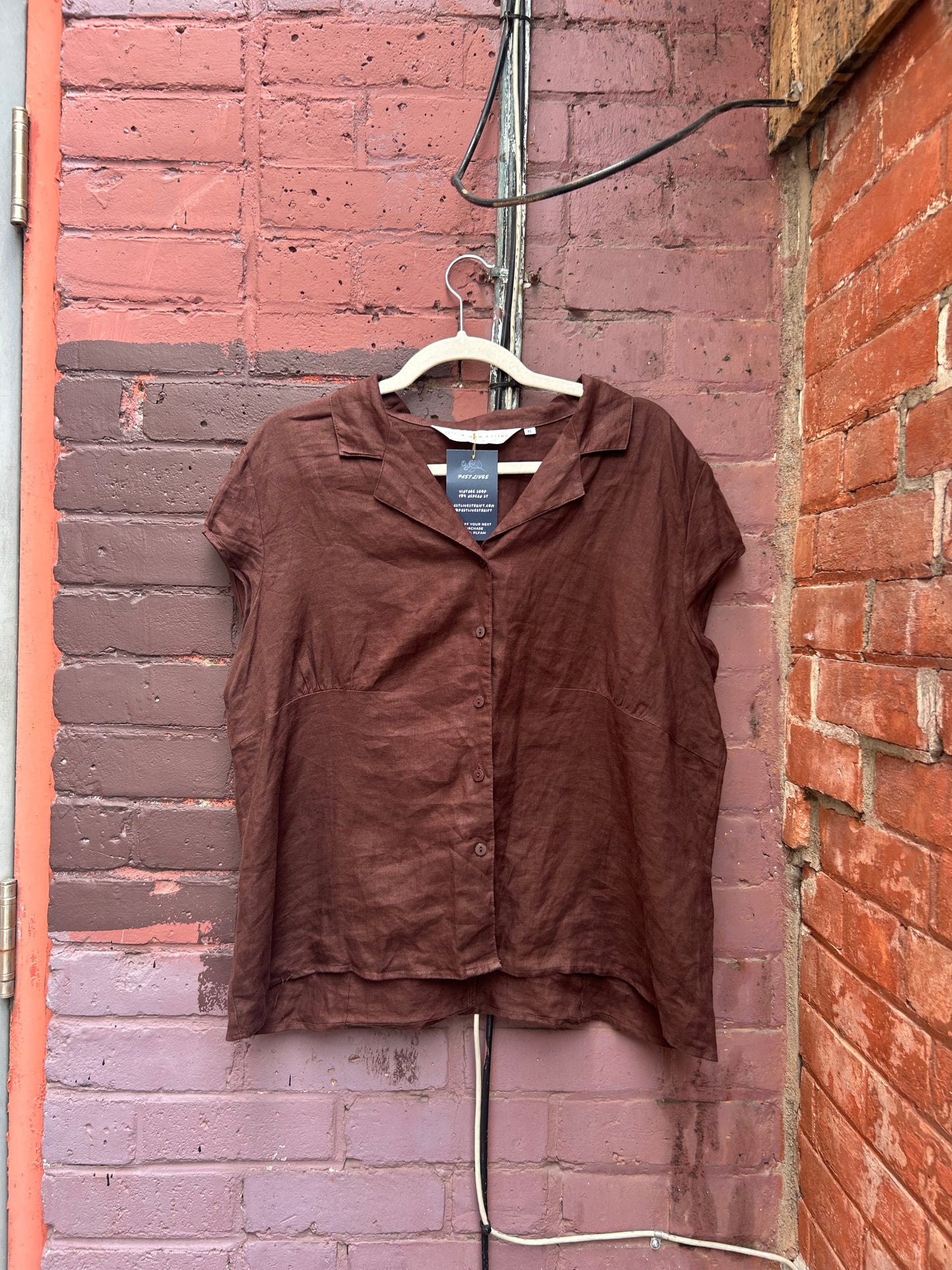 Y2K Vintage Brown Linen Cap Sleeve Blouse / Size XL
