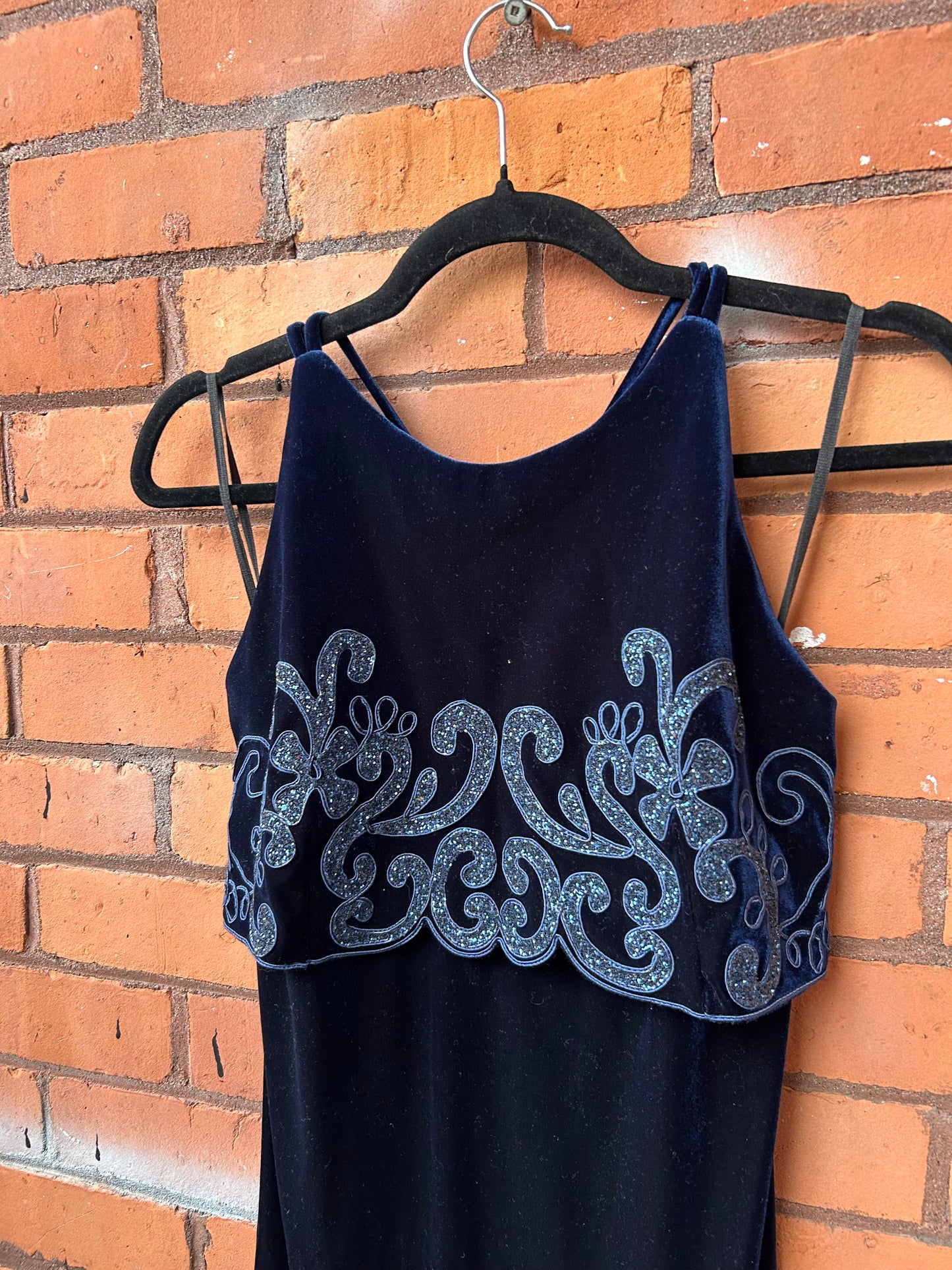 90’s Vintage Midnight Blue Velvet High Neck Maxi Dress / Size 6-8