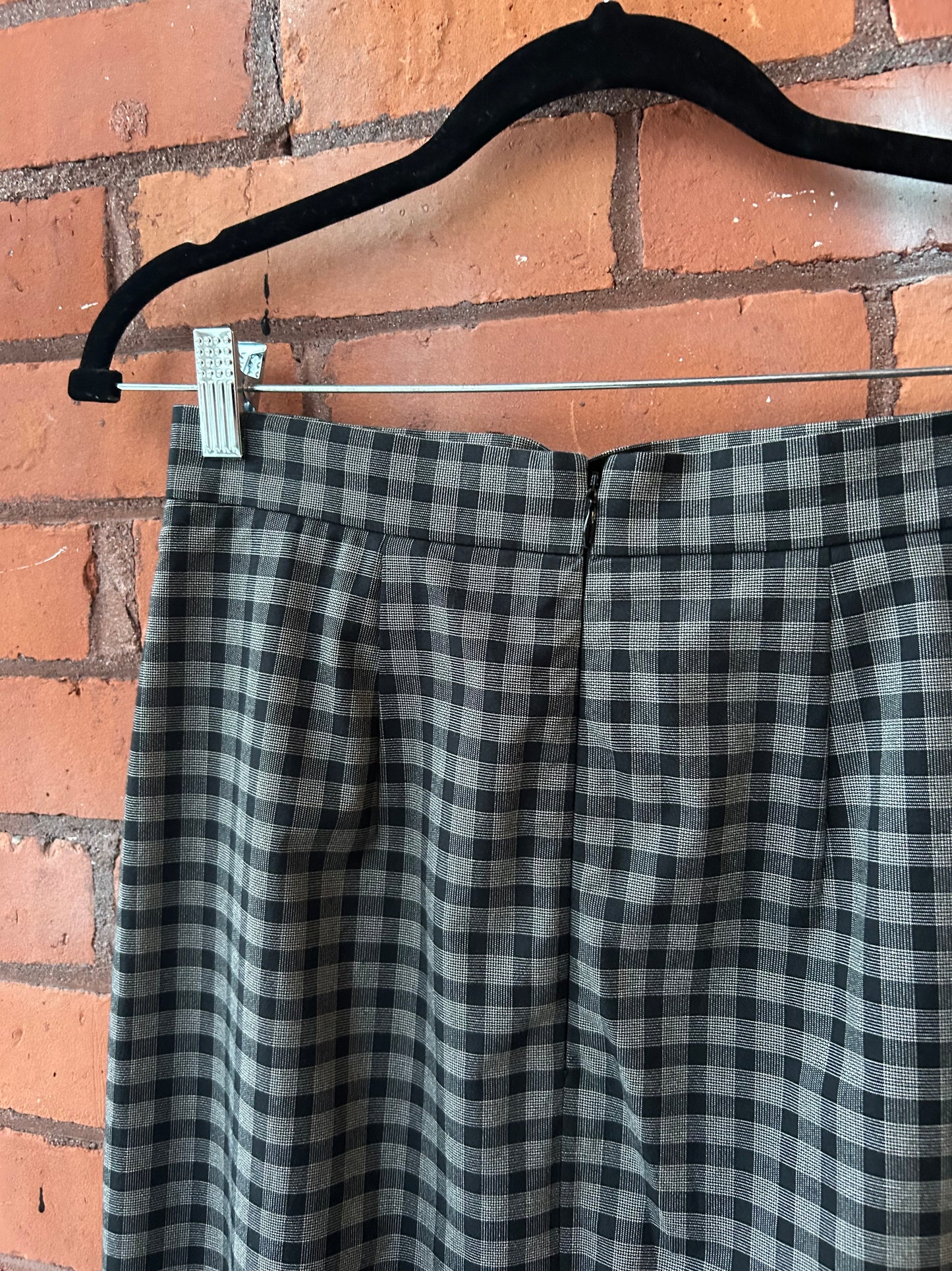 Y2K Vintage Grey & Black Plaid Sleek Midi Skirt / 28 Waist