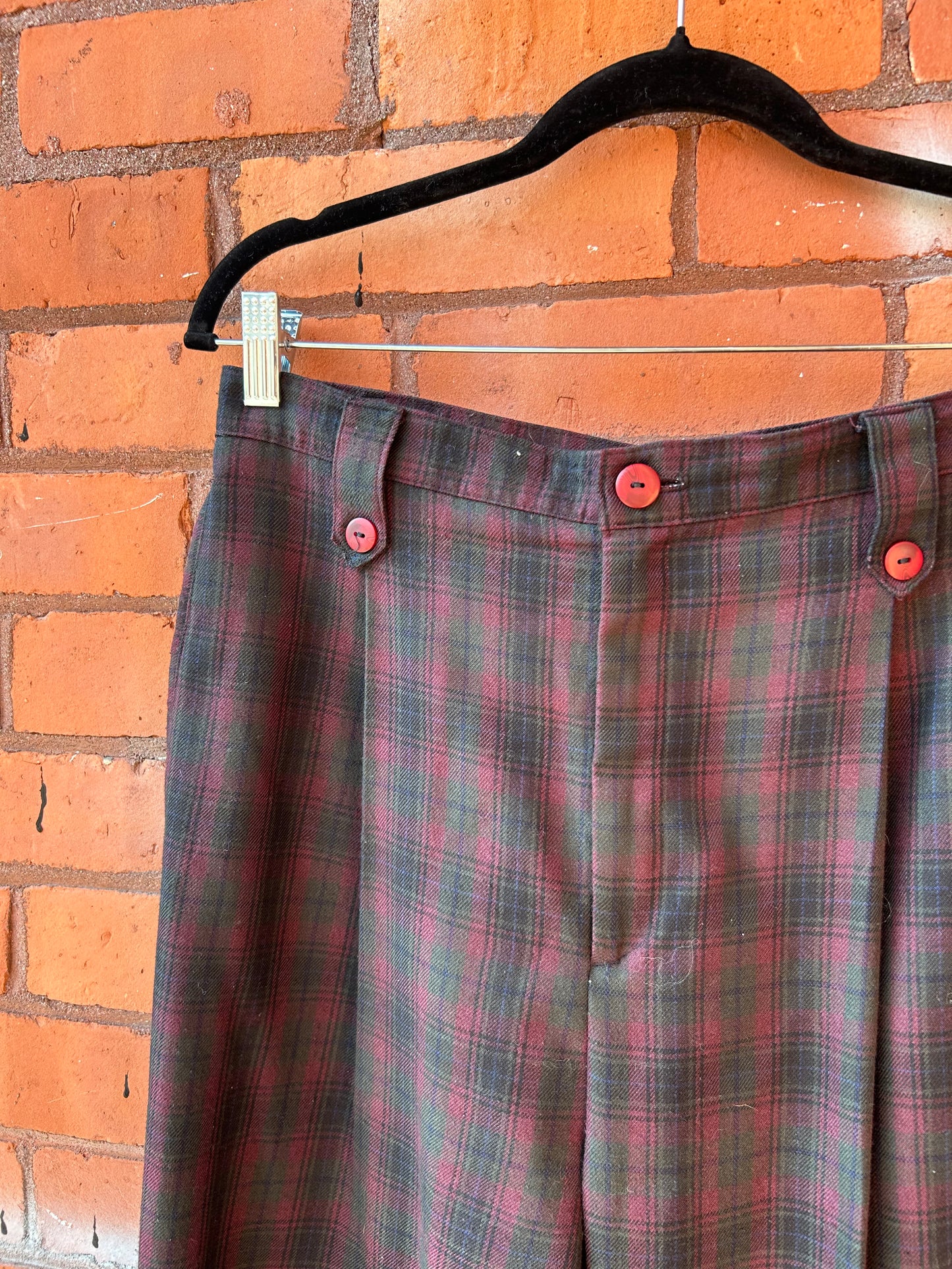 90’s Vintage Burgundy & Green Plaid High Waist Pleated Trousers / 32 Waist