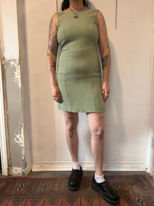 90’s Vintage Light Green Embroidered High Neck Mini Dress / Size 6-8