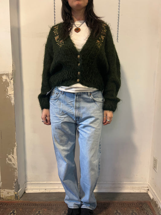 90’s Vintage Forest Green Shaggy Mohair Embroidered Cardigan / Size M