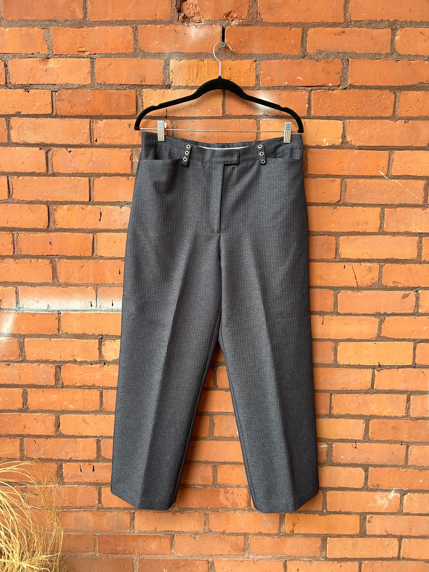 90’s Vintage Navy Pinstripe Grommet Trousers / 32 Waist