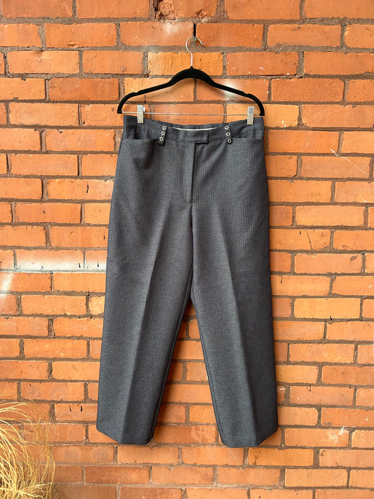 90’s Vintage Navy Pinstripe Grommet Trousers / 32 Waist